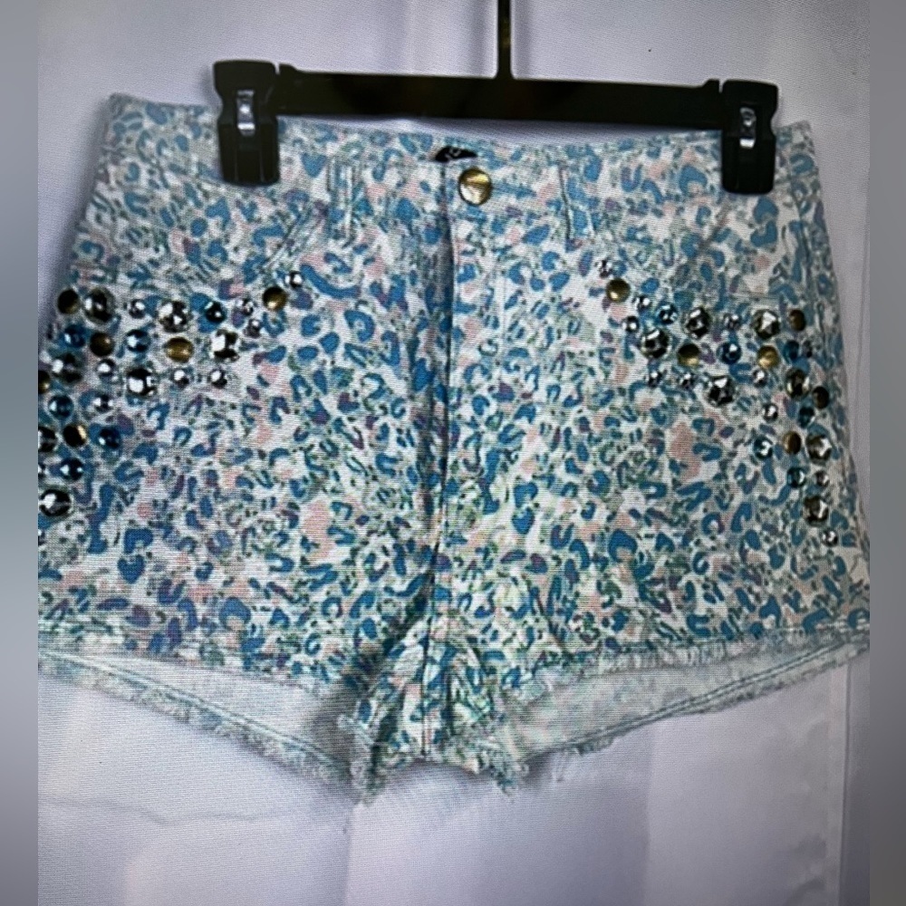 Devided By H&M Womens Blue Animal Print Sequined Front High Rise Shorts Sz 10